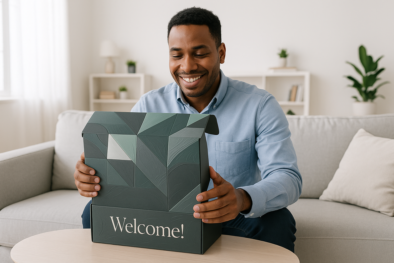 Man opening a 'Welcome!' box in a living room