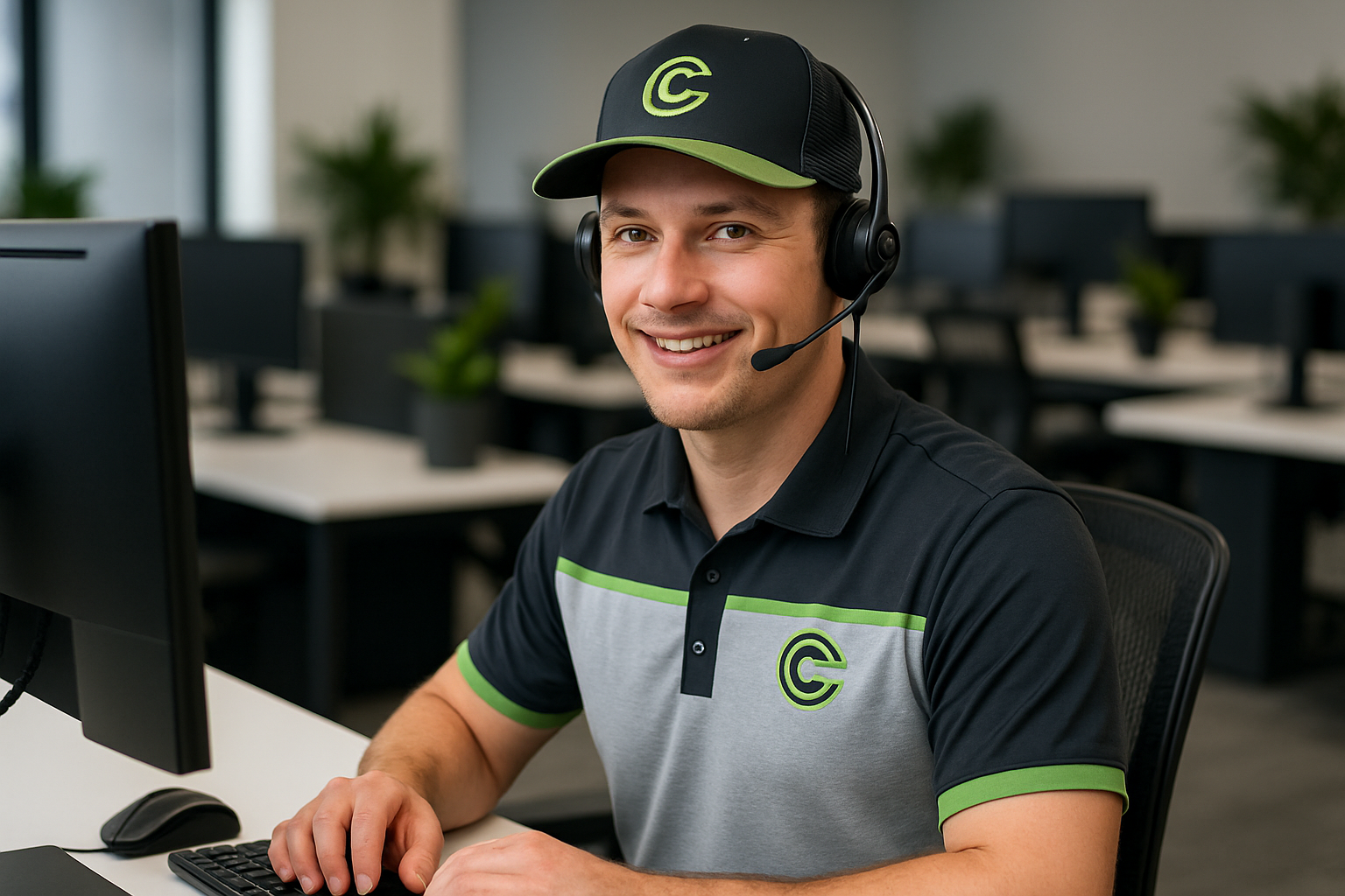 Change the employee to be a customer service rep. have the employee wear a branded baseball cap and a branded t-shirt.